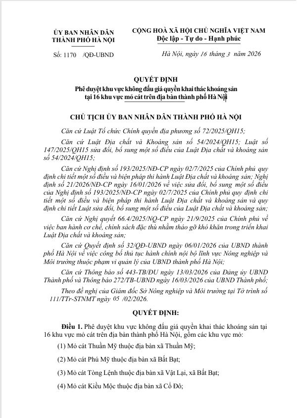 Quyết định phê duyệt khu vực không đấu giá quyền khai thác khoáng sản  tại 16 khu vực mỏ cát trên địa bàn thành phố Hà Nội.