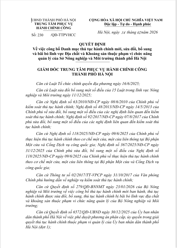 Công bố Danh mục thủ tục hành chính mới, sửa đổi, bổ sung và bãi bỏ lĩnh vực Địa chất và Khoáng sản thuộc phạm vi chức năng quản lý của Sở Nông nghiệp và Môi trường thành phố Hà Nội.