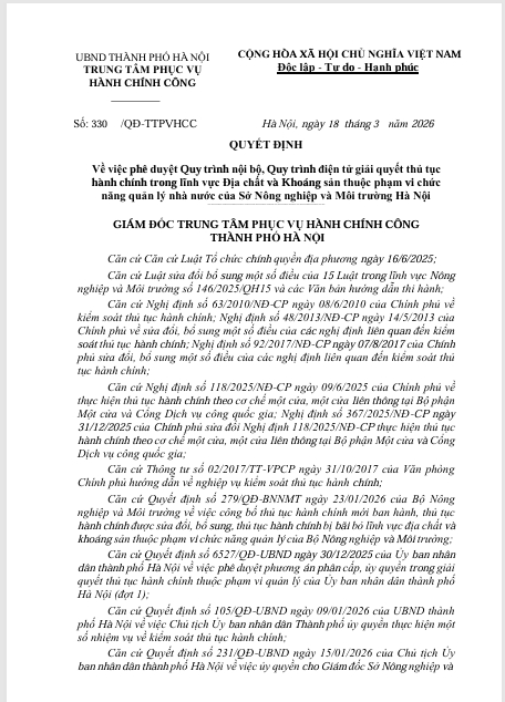 Quyết định phê duyệt phê duyệt Quy trình nội bộ, Quy trình điện tử giải quyết thủ tục  hành chính trong lĩnh vực Địa chất và Khoáng sản thuộc phạm vi chức  năng quản lý nhà nước của Sở Nông nghiệp và Môi trường Hà Nội
