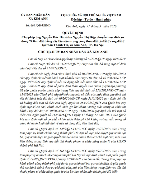 Quyết định số 669/QĐ-SNNMT ngày 17/3/2026 của UBND xã Kim Anh